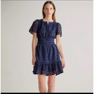 NWT Quince Dress  Organic Cotton Navy SZ Small Eyelet Mini Tiered Coastal Spring